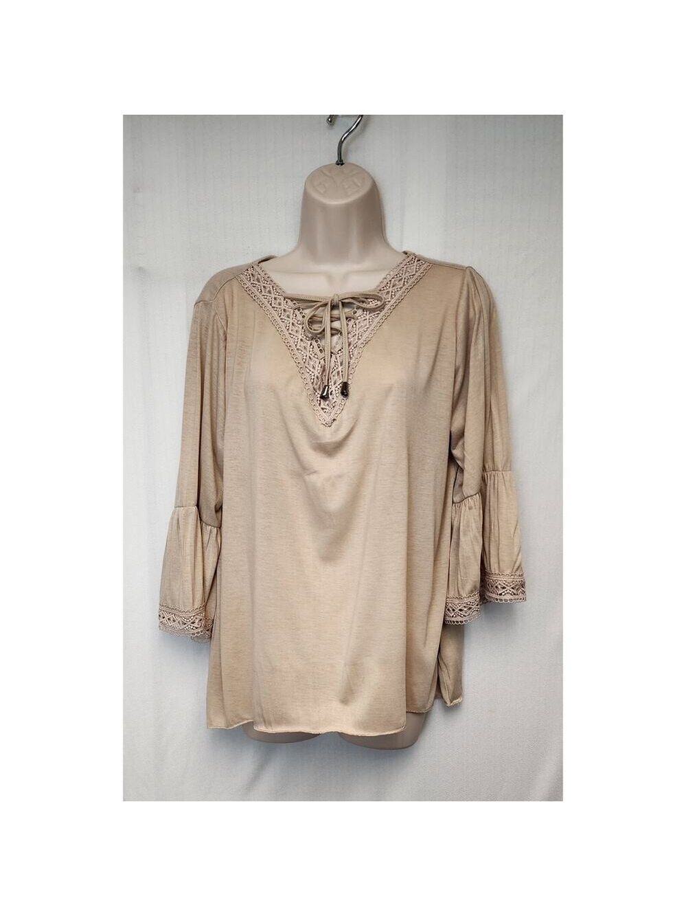 New York Laundry Loose Fit Blouse 3/4 Bell Sleeve Lace Accent Sz M Color Beige - Picture 2 of 6